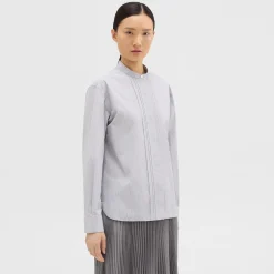Theory Striped Cotton-Blend Band Collar Shirt-Women Tops