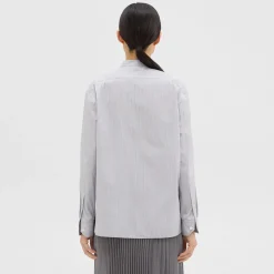 Theory Striped Cotton-Blend Band Collar Shirt-Women Tops