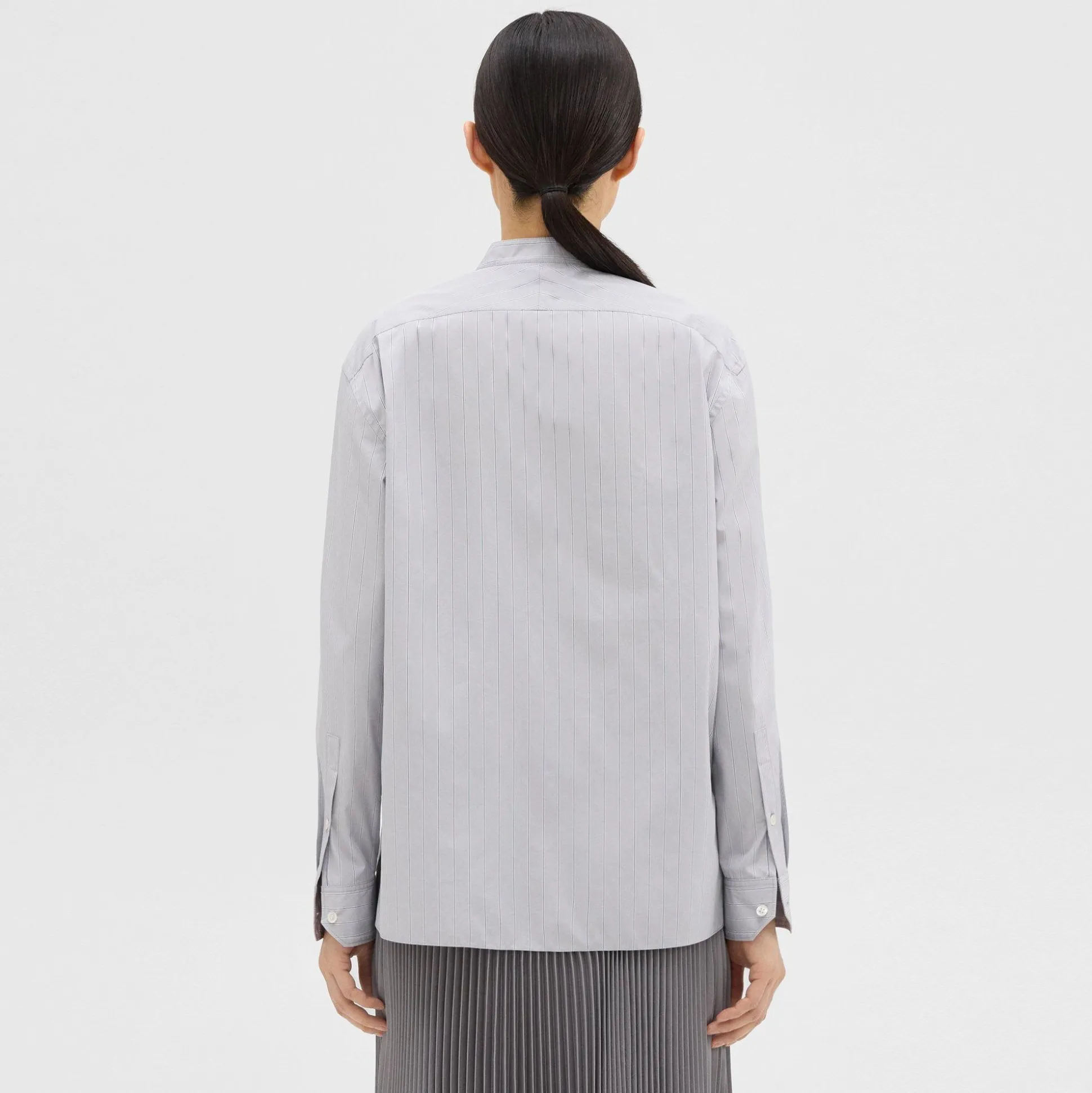Theory Striped Cotton-Blend Band Collar Shirt-Women Tops