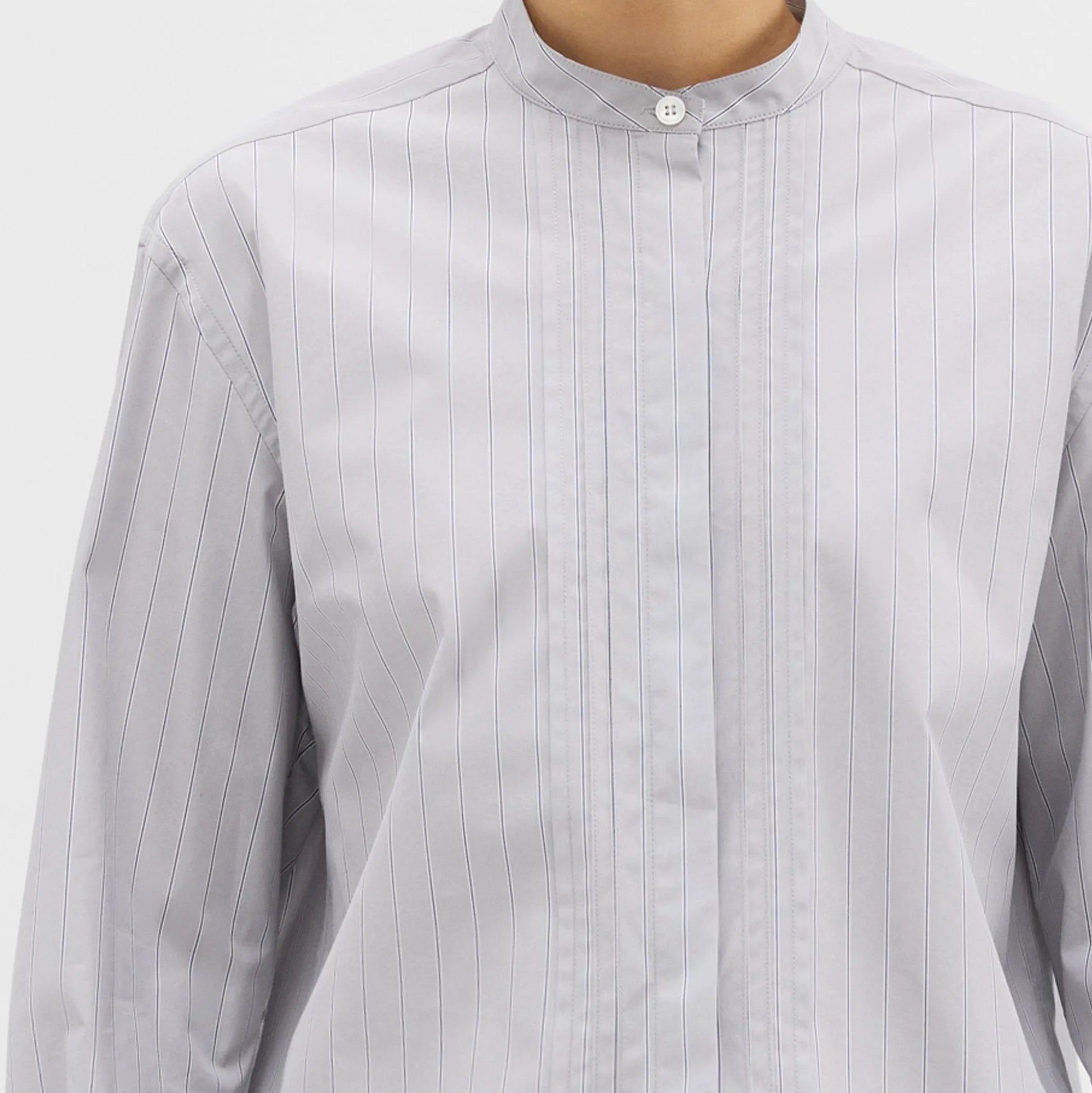 Theory Striped Cotton-Blend Band Collar Shirt-Women Tops