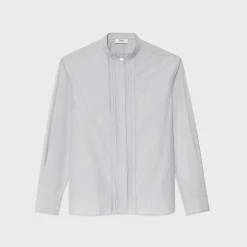 Theory Striped Cotton-Blend Band Collar Shirt-Women Tops