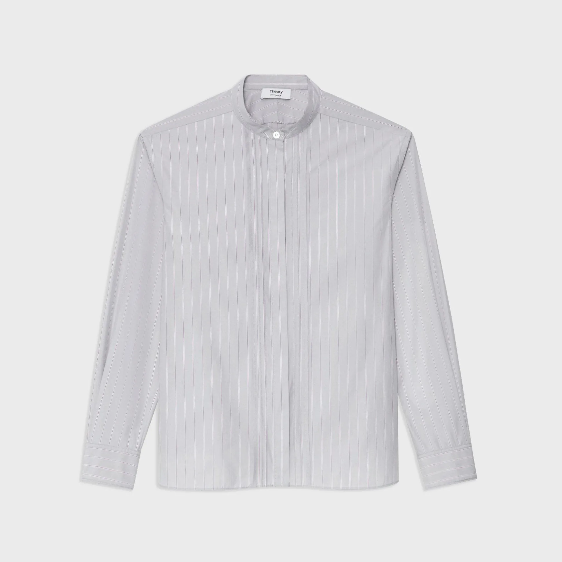 Theory Striped Cotton-Blend Band Collar Shirt-Women Tops