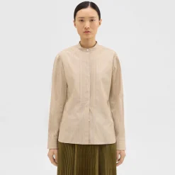 Theory Striped Cotton-Blend Band Collar Shirt-Women Tops