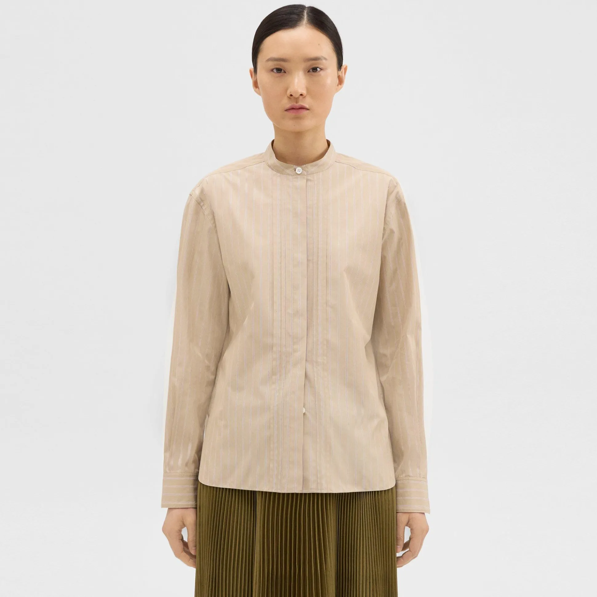 Theory Striped Cotton-Blend Band Collar Shirt-Women Tops