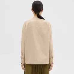 Theory Striped Cotton-Blend Band Collar Shirt-Women Tops
