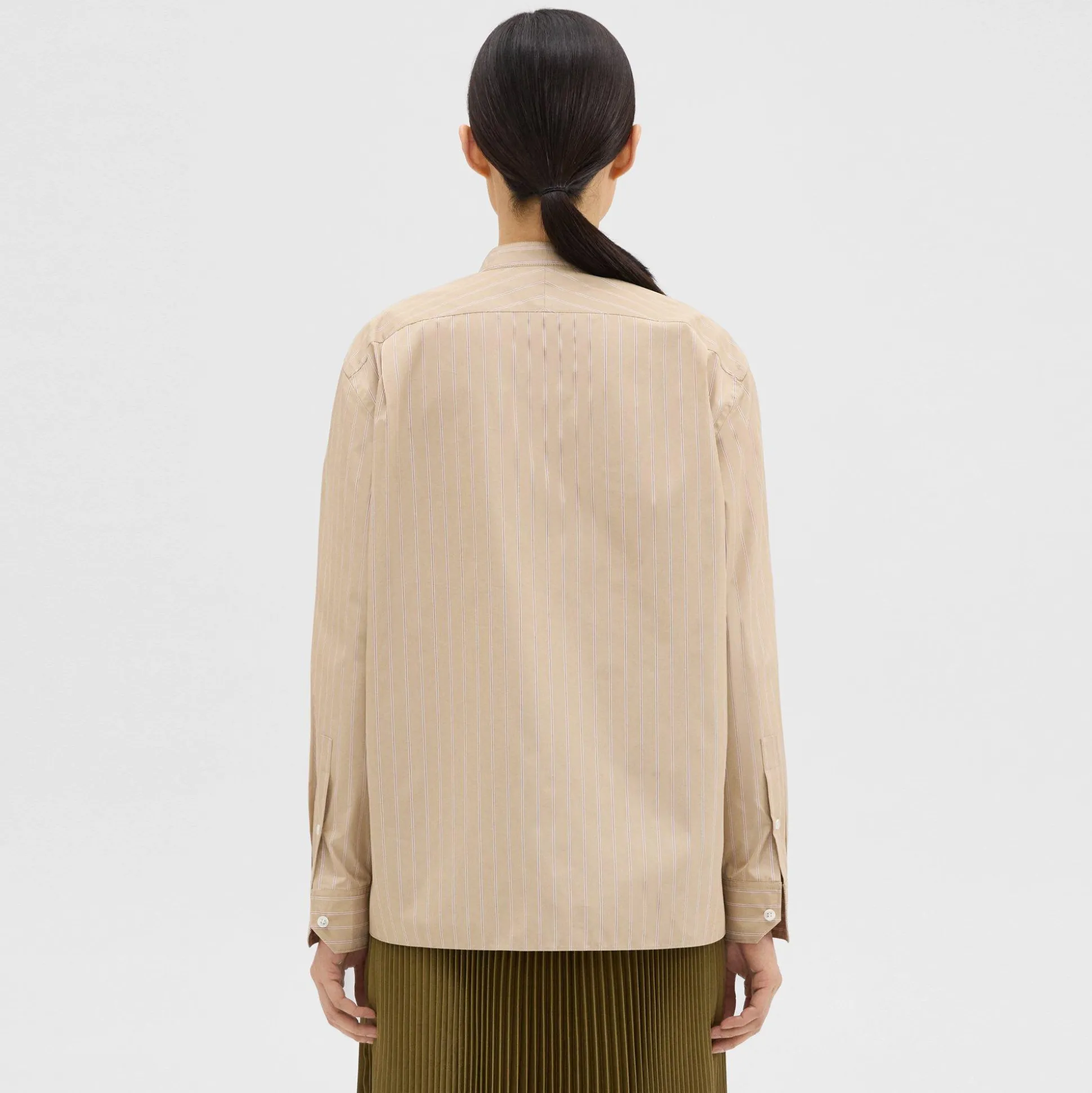 Theory Striped Cotton-Blend Band Collar Shirt-Women Tops