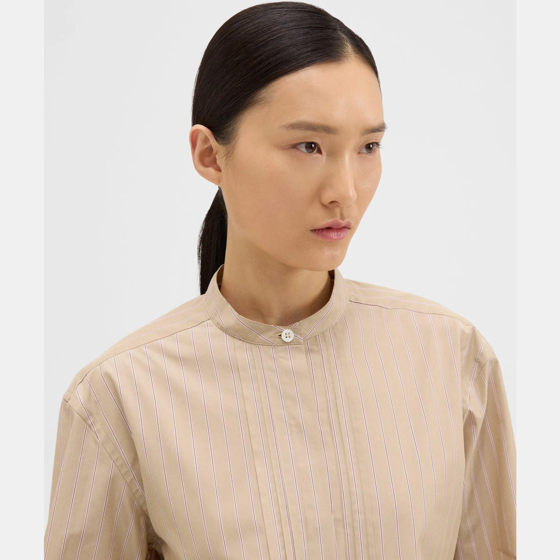 Theory Striped Cotton-Blend Band Collar Shirt-Women Tops