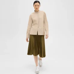 Theory Striped Cotton-Blend Band Collar Shirt-Women Tops