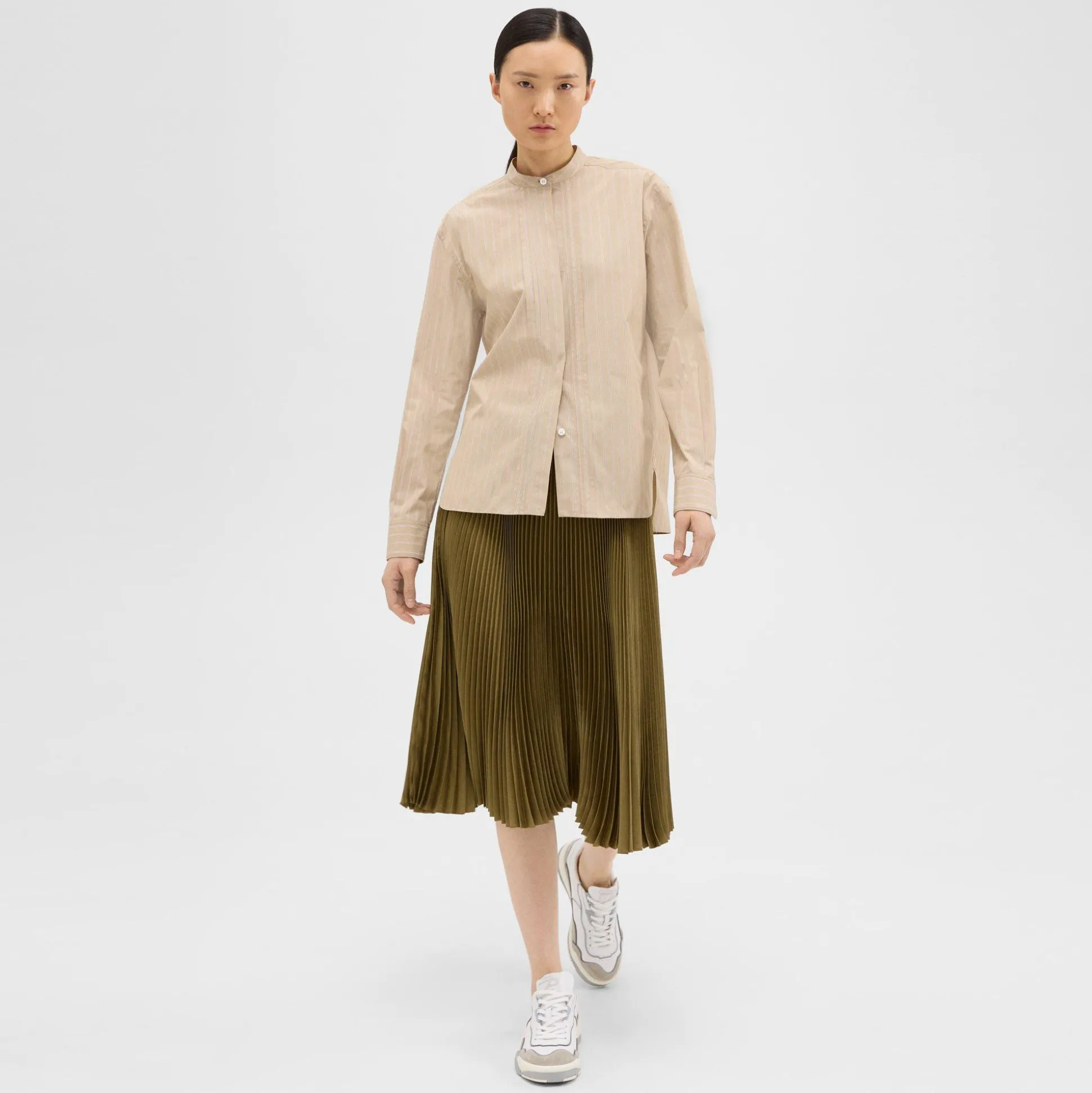 Theory Striped Cotton-Blend Band Collar Shirt-Women Tops