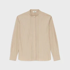 Theory Striped Cotton-Blend Band Collar Shirt-Women Tops