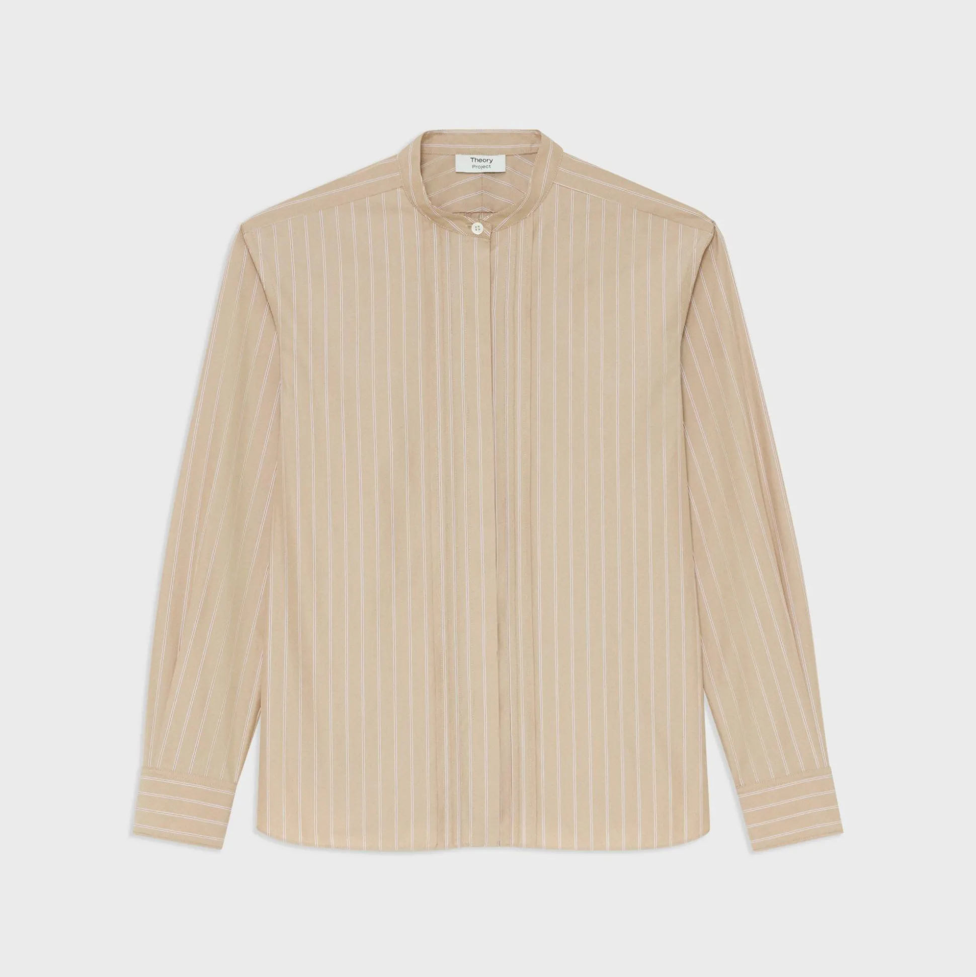 Theory Striped Cotton-Blend Band Collar Shirt-Women Tops