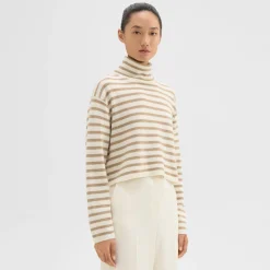 Theory Striped Crop Turtleneck In Felted Wool-Cashmere-Women Sweaters + Cardigans