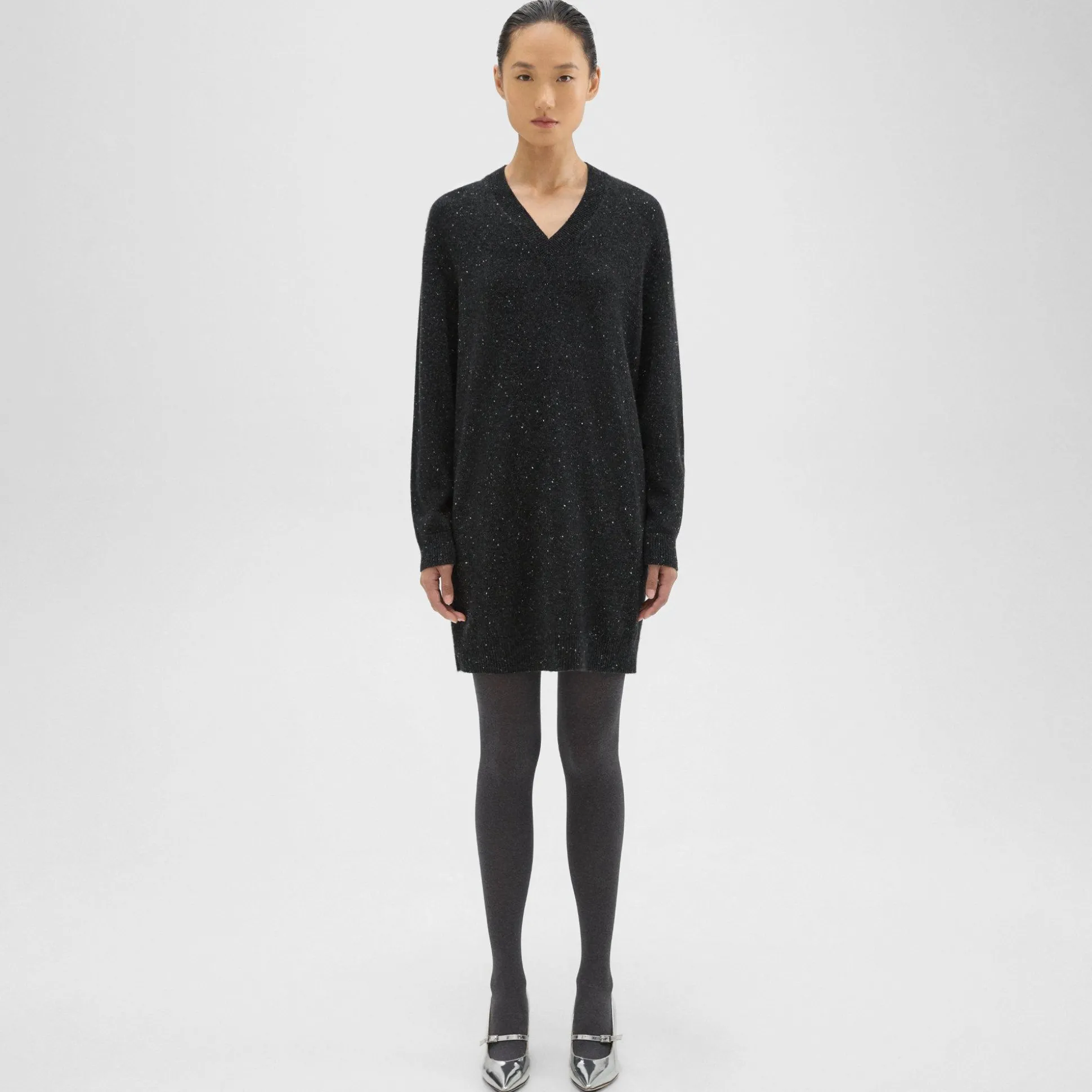 Theory V-Neck Sweater Dress In Donegal Wool-Cashmere-Women Dresses