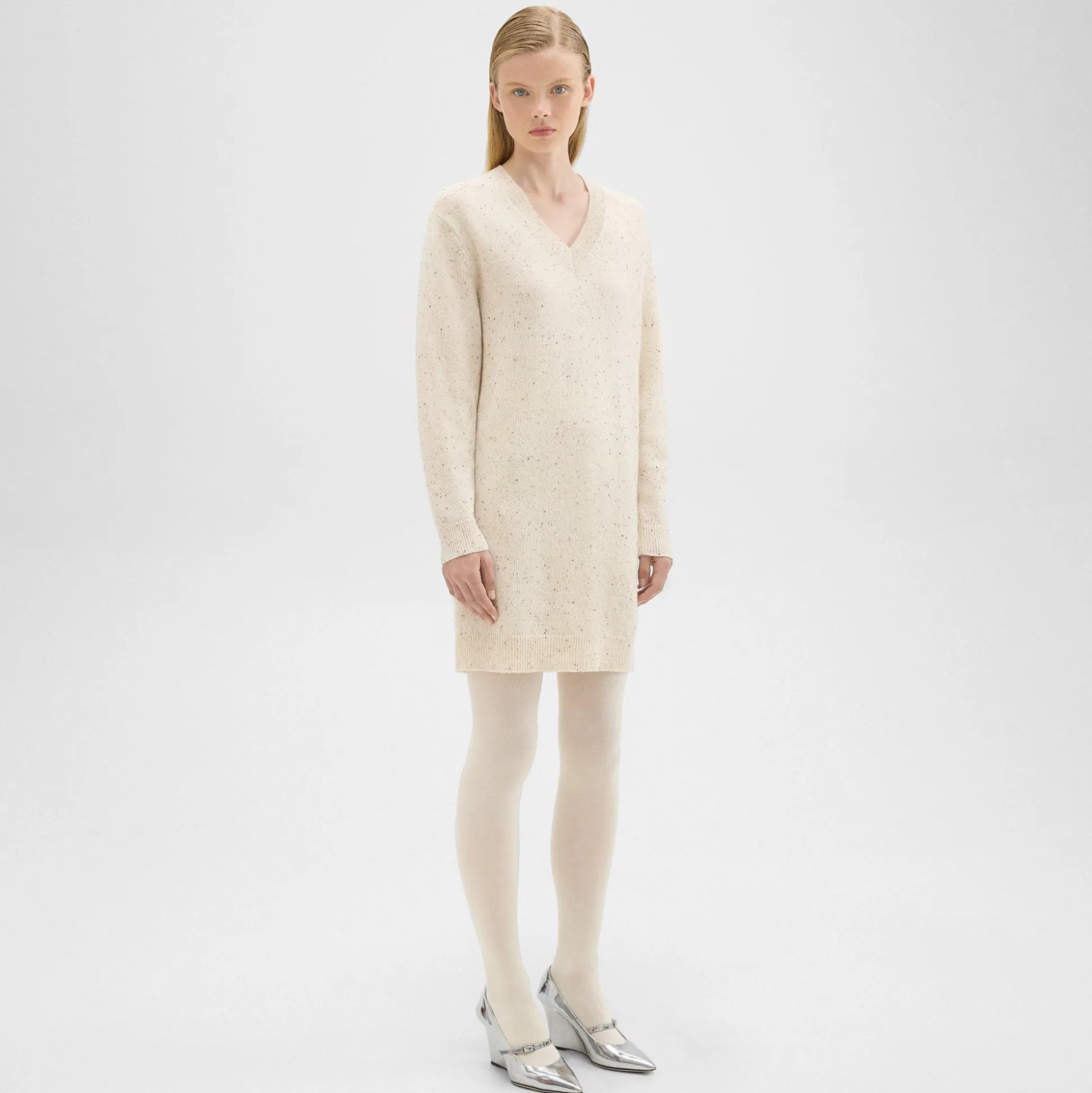 Theory V-Neck Sweater Dress In Donegal Wool-Cashmere-Women Dresses