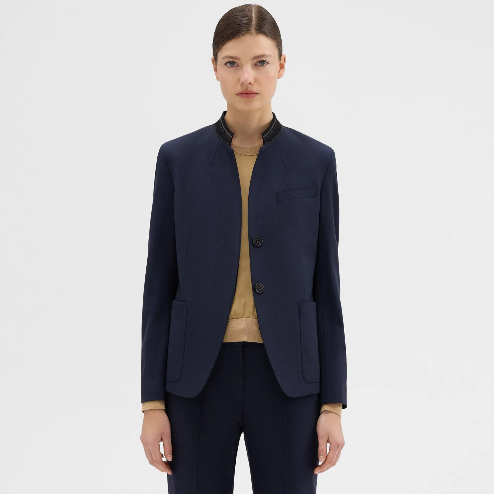 Theory Wool Gabardine Stand-Collar Blazer-Women Suits|Blazers + Jackets