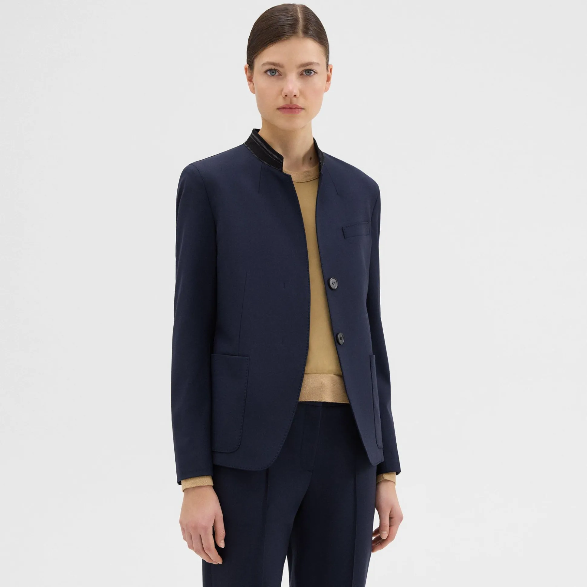Theory Wool Gabardine Stand-Collar Blazer-Women Suits|Blazers + Jackets