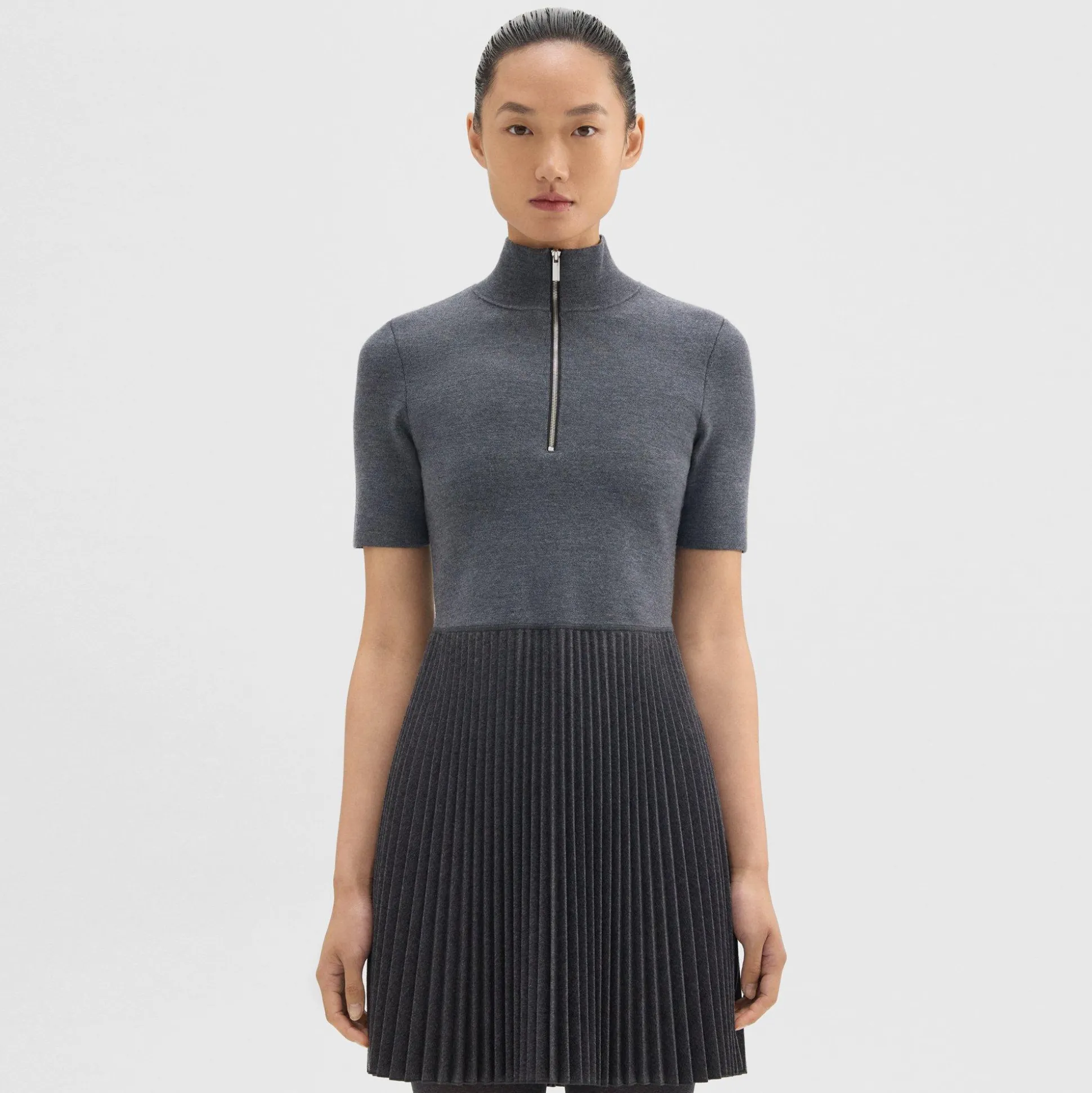 Theory Zip-Up Combo Dress In Blended Wool Flannel-Women Dresses